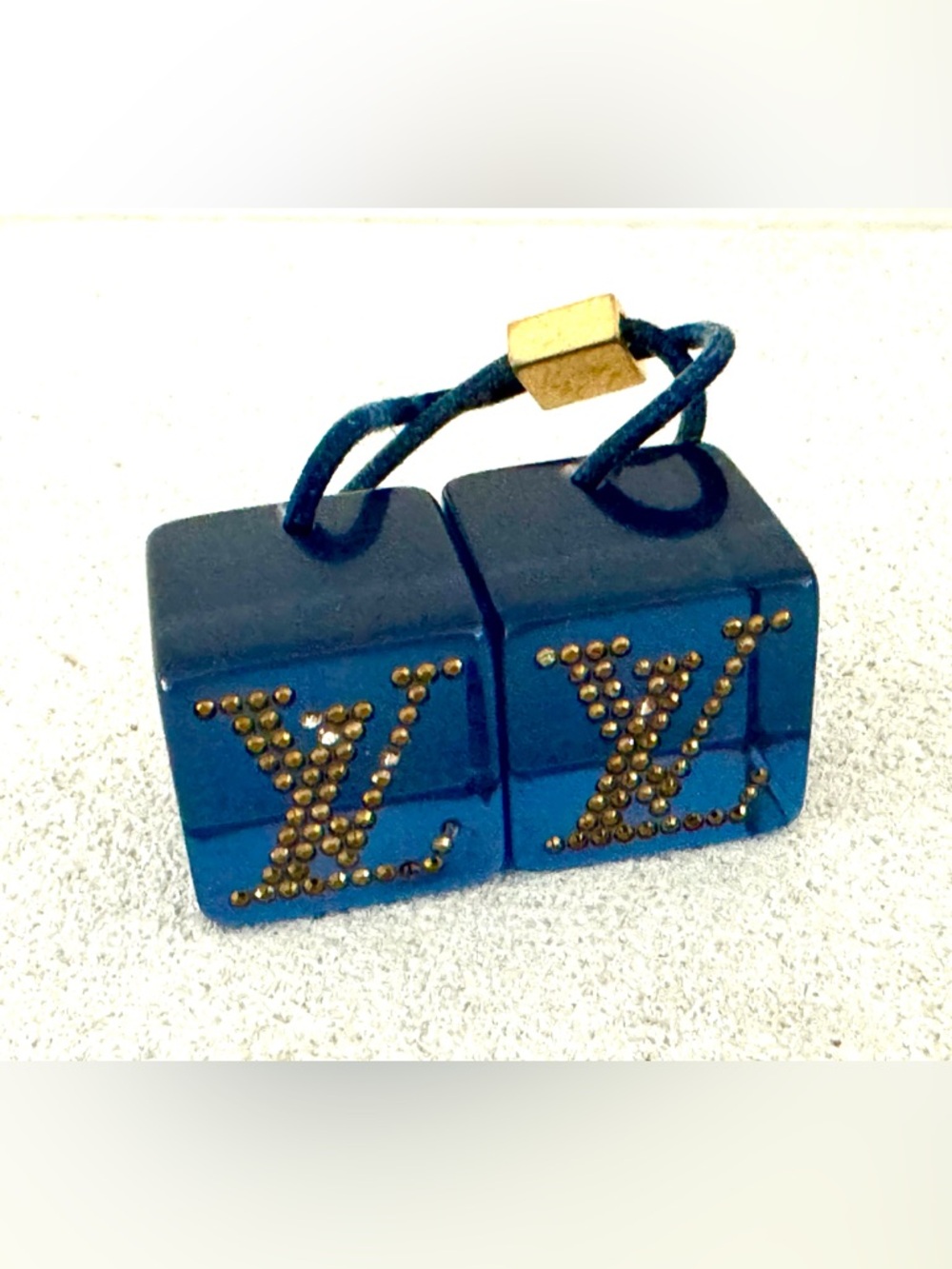 LOUIS VUITTON  Blue Cube Dice Hair Tie LV Studded Resin Gold Tone Elastic Pair - Picture 2 of 6